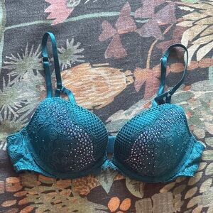 Victoria’s Secret Lace Push-Up Bra 32B – Teal Rhinestone Embellished